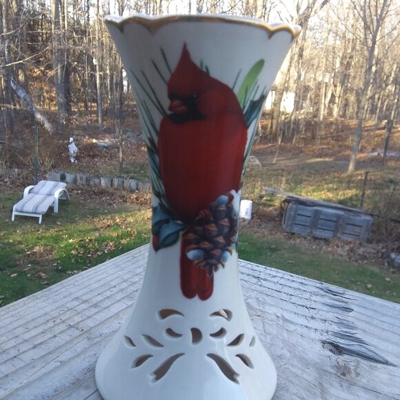 Lenox Winter Greetings Cardinal theme pierced taper candle holder - Picture 10 of 16
